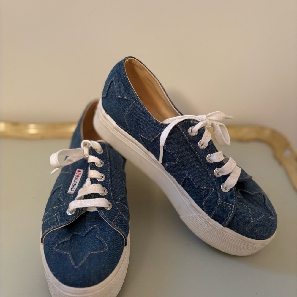 Blue Denim Sneakers with Star Pattern